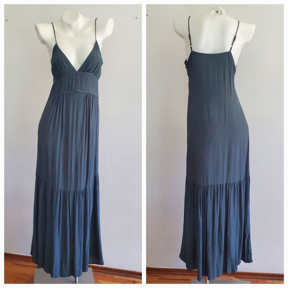MLM Label Empire Waist Maxi Dress Teal Blue Spaghetti‎ Strap Beachy Boho Retro